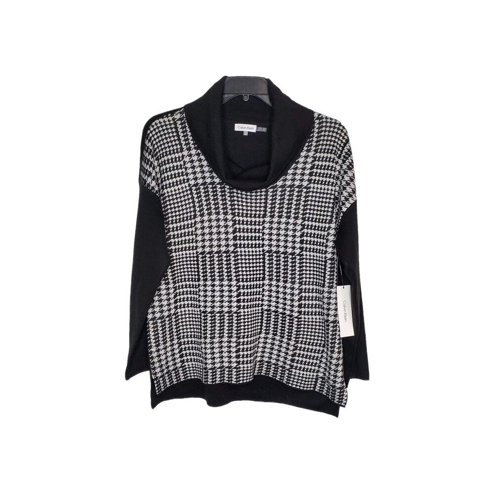 Calvin Klein Womens Long Sleeve Cowl Neck Sweater SZ L Black White Houndstooth